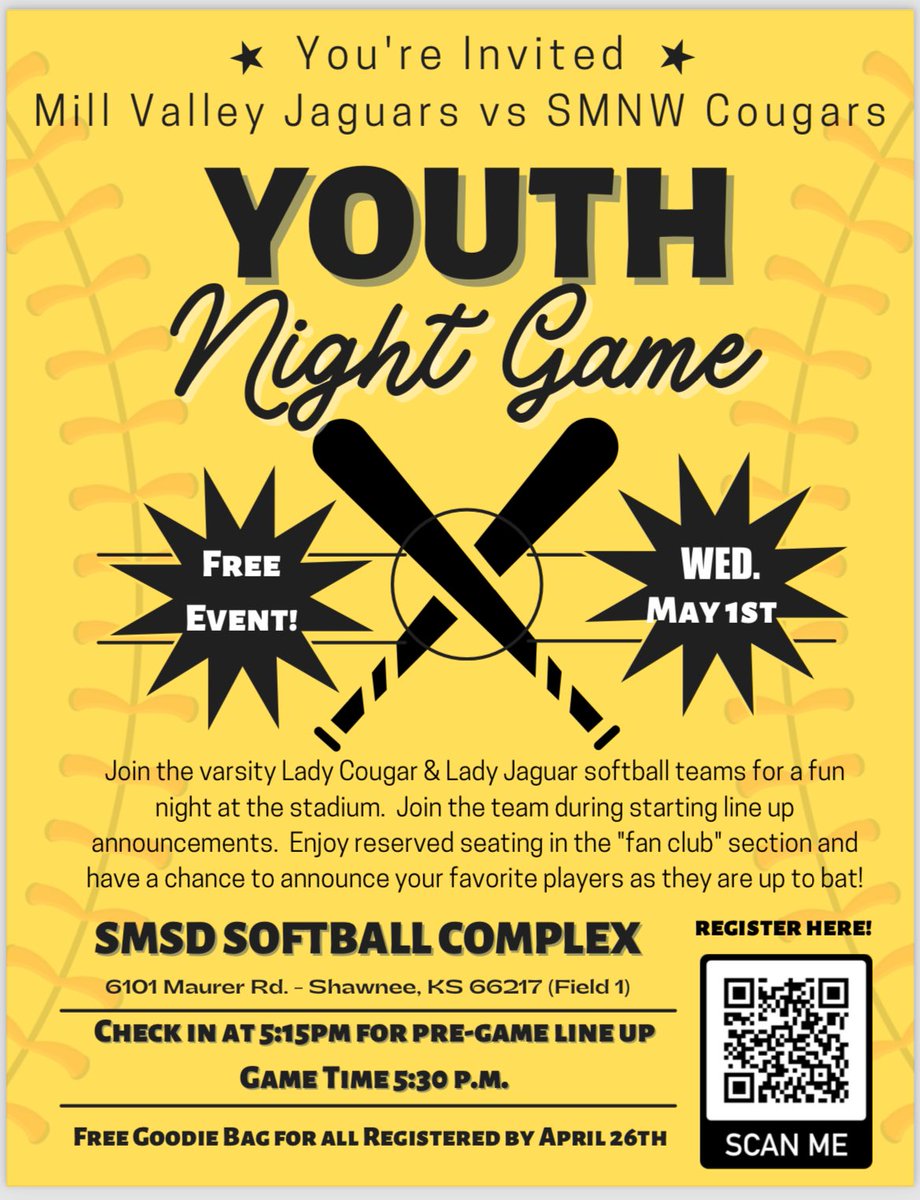 Join us Wednesday May 1st as we take on Mill Valley in our annual Youth Night game! Scan the QR code or click the link below to pre register! forms.gle/KawHcut5oQDggj…