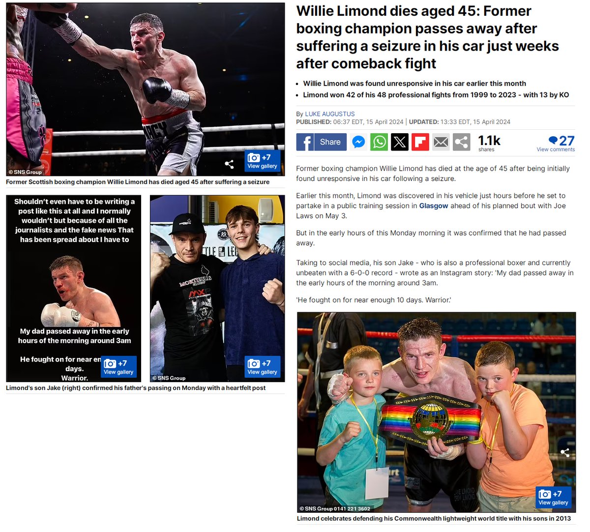 Scottish boxing champion 45 year old Willie Limond suffered a seizure in his car while driving. 

Died 10 days later, April 15, 2024

COVID-19 mRNA Vaccines commonly cause new seizures or worsen existing seizure disorders. Doctors are not allowed to warn patients

#DiedSuddenly