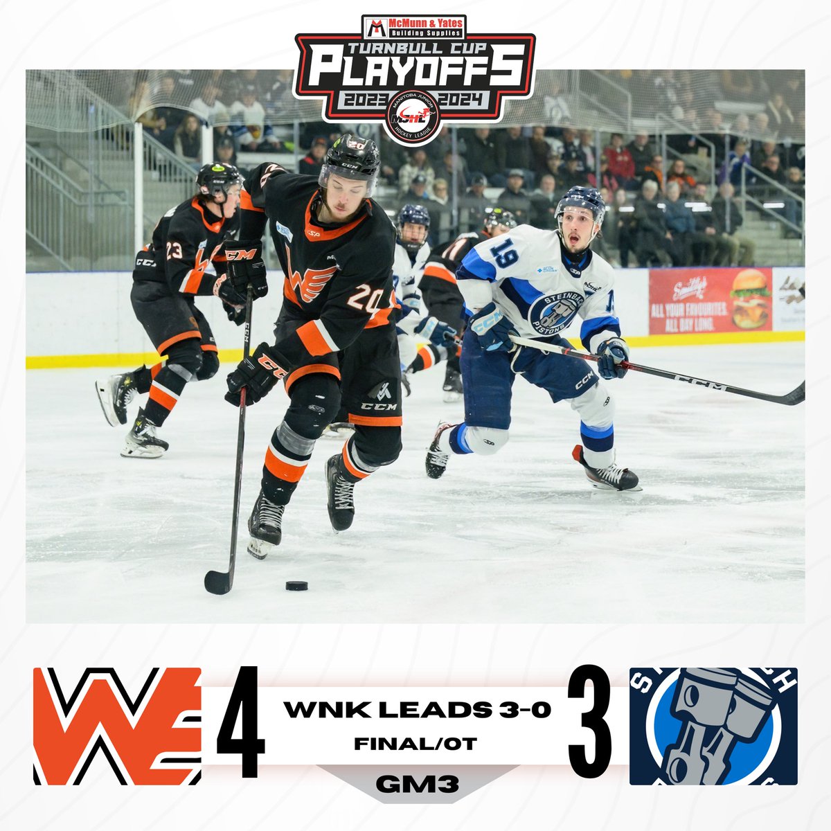 Lucas Ens gets the OVERTIME WINNER in game three to give the @winklerflyers a 3-0 series lead heading back to Winkler on Friday for game four with the Turnbull in the building 🚨👀 @McMunnandYates #TurnbullCupFinal
