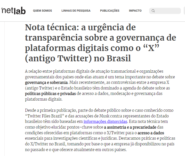 Alguns pontos interessantes desse estudo do @NetLabUFRJ. 1- O estudo não está publicado em lugar algum. Pelo menos eu não encontrei). Mas foi mesmo assim enviado à mídia amiga com exclusividade. 2- Há no site do Netlab uma nota sobre o Twitter files, não relacionada sobre