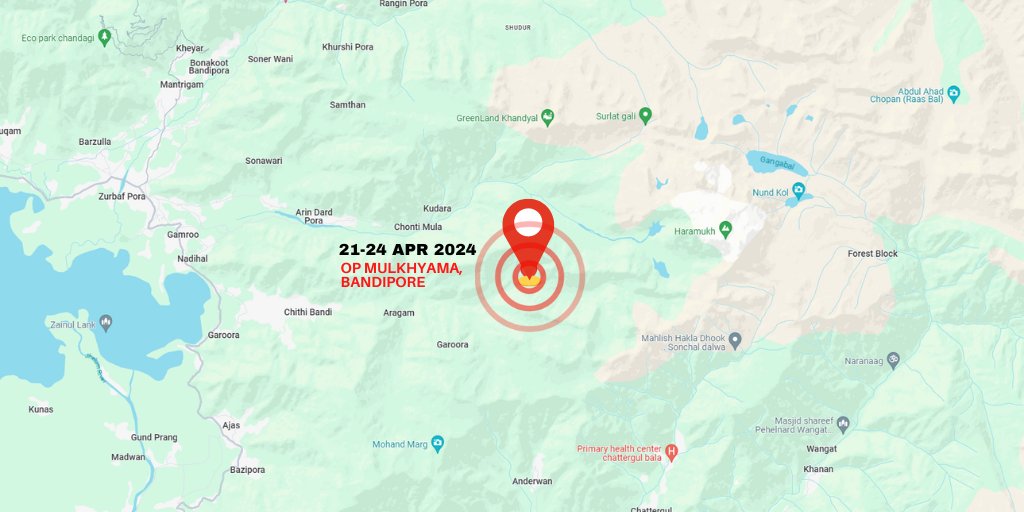 OP MULKHYAMA, #Bandipore Based on specific intelligence by agencies regarding presence of terrorists, a Joint Operation was launched from 21 Apr onwards by #IndianArmy & @JmuKmrPolice in general area Mulkhyama Forest, Bandipore. The area was cordoned & search conducted,…