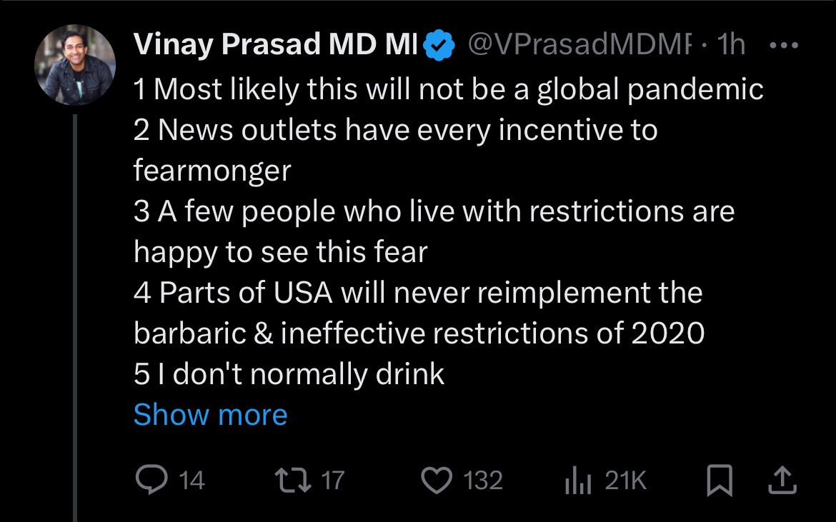 Vinay Prasad wants you all to stop thinking about H5N1 and those of you protecting yourself from CVD-19 “are happy to see this fear.” An utter embarrassment to @ucsfhospitals