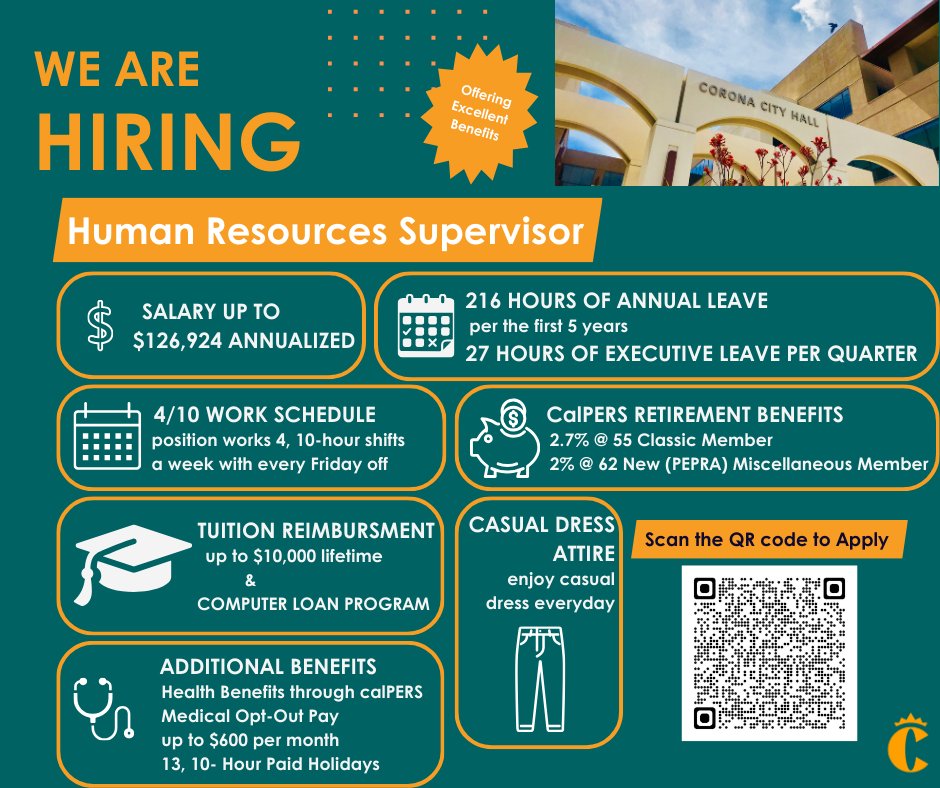 📣 Exciting news! We're currently seeking a Human Resources Supervisor to join our team! Come be a part of the City of Corona! Explore available positions and submit your application conveniently online at CoronaCA.gov/Jobs #nowhiring #applynow