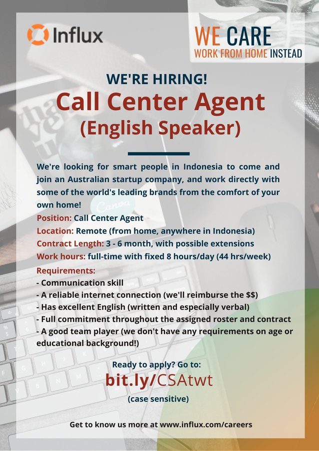 hr_from_home's tweet photo. #Loker

Hi hi

Kami sedang ada lowongan untuk posisi English Customer Service loh!

Jika kamu memiliki kemampuan berbahasa Inggris dan tertarik untuk bekerja secara #remote, we encourage you to submit your application😄

Fresh graduates are welcome! 
#WFH #vacancies #Job https://t.co/CEdF9x9rgi