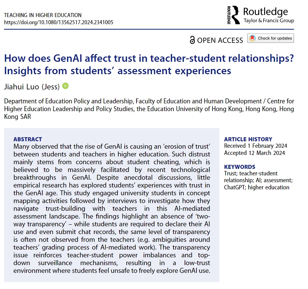 Deepest thanks to all my student participants for openly sharing their experienced tensions around “teacher-student trust” regarding #GenAI use, #cheating and #assessment. Their input makes this new OA paper possible and helps me grow as a teacher:) doi.org/10.1080/135625…