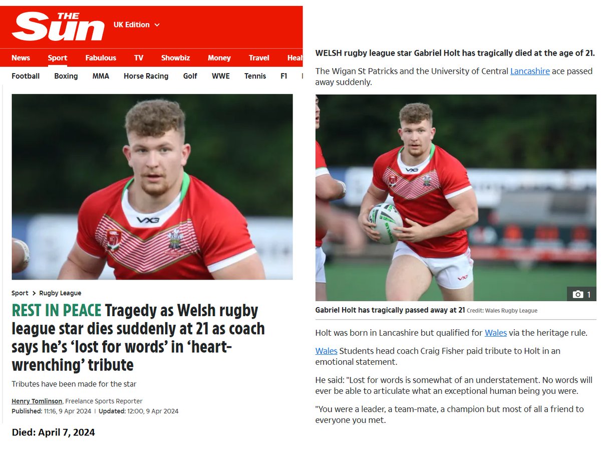 Wales - 21 year old Gabriel Holt, Welsh rugby league star died suddenly on April 7, 2024.

Cause of death not reported.

COVID-19 mRNA Vaccine sudden deaths are at an all time high and rising

#DiedSuddenly