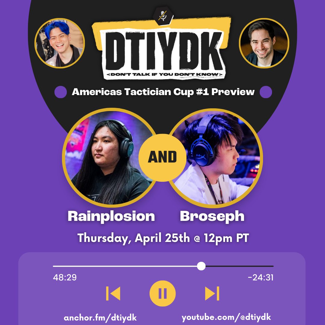 DTIYDKshow's tweet photo. This week, DTIYDK returns for a full season of Set 11 Inkborn Fables YAPPING

Lab members @RainplosionTFT &amp; @BrosephTft join the show! How confident are they in their form? in NA vs LATAM/BR? or in their fantasy draft skills?

📅Thursday, April 25th @ 12pm PT
📺twitch,tv/frodan https://t.co/bAiT8tjKfR