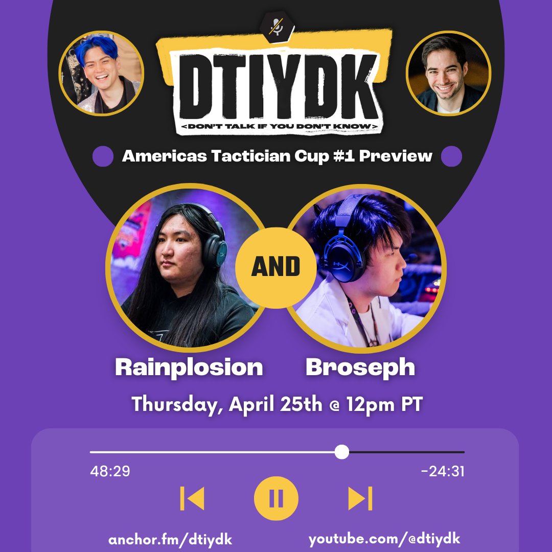 This week, DTIYDK returns for a full season of Set 11 Inkborn Fables YAPPING Lab members @RainplosionTFT & @BrosephTft join the show! How confident are they in their form? in NA vs LATAM/BR? or in their fantasy draft skills? 📅Thursday, April 25th @ 12pm PT 📺twitch,tv/frodan