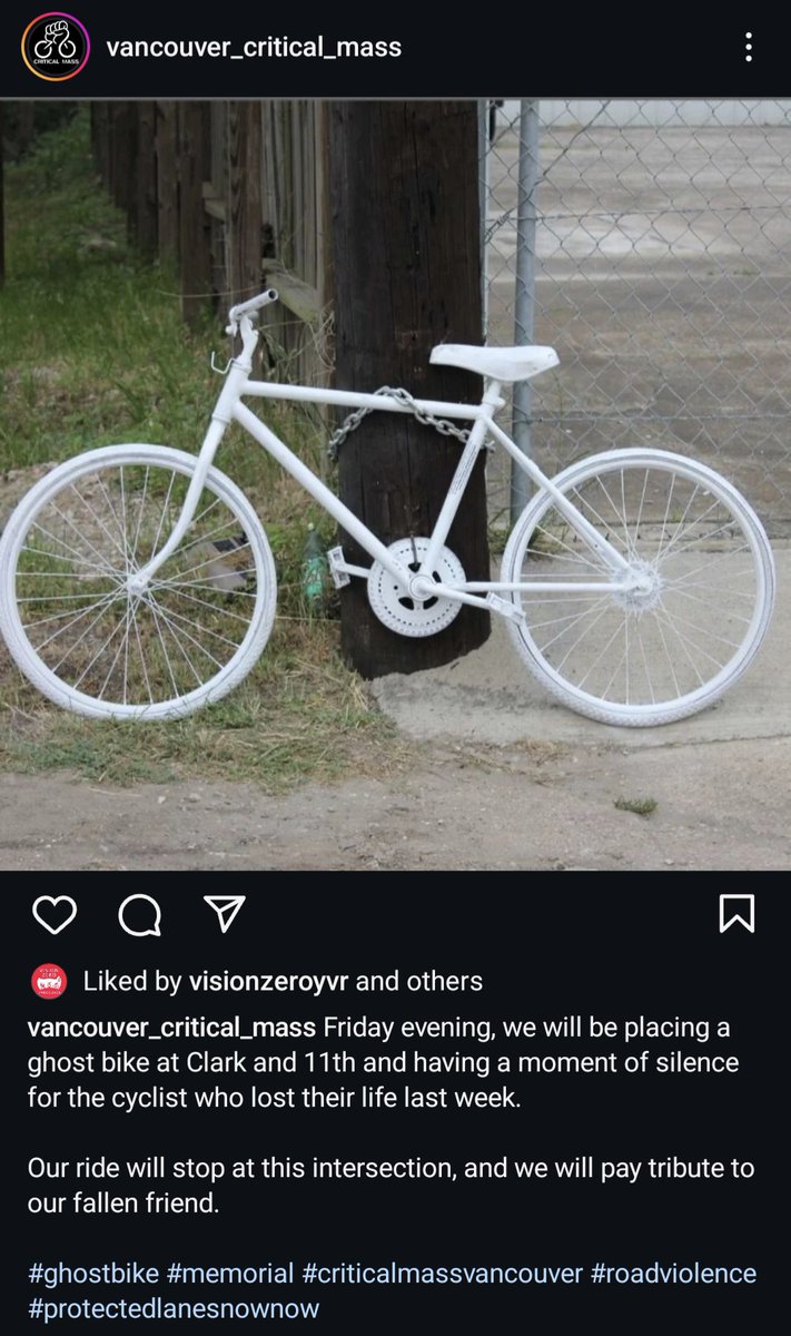 This Friday, Critical will be placing a ghost bike at Clark and 11th in memory of the cyclist killed last week. Please join if you're able, all are welcome. Meet at the Vancouver Art Gallery at 6pm, rain or shine ☀️🌧️🚴‍♂️