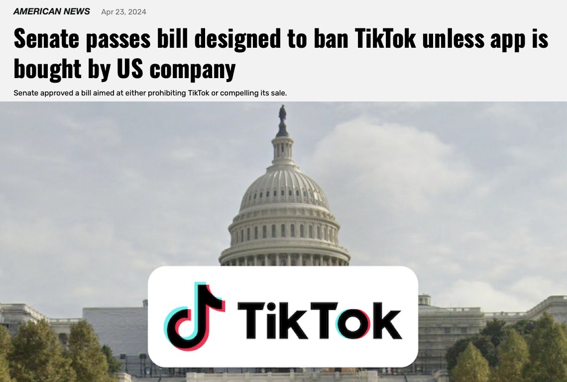#US Senate passes bill designed to ban #TikTok unless app is bought by US company Senate approved a bill aimed at either prohibiting TikTok or compelling its sale. On Tuesday night, Senate approved a bill aimed at either prohibiting TikTok or compelling its sale, marking a