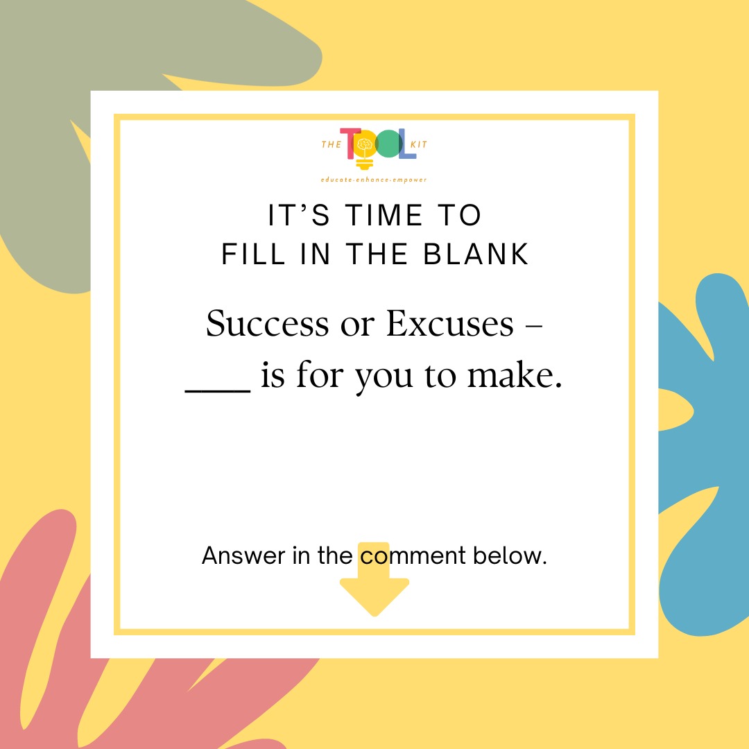 thetoolkit_in's tweet image. Fill in the blank:

Success or Excuses – ____ is for you to make.

Comment your answer and tag your friends to attempt too.

#toolkit #mentor #training #language