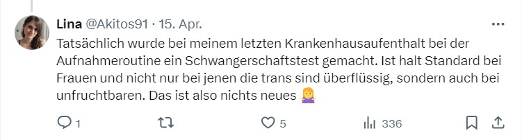 Ich habe schon öfters Frauen ins Krankenhaus begleitet. Bisher habe ich nie mitbekommen, daß Schwangerschaftstests gemacht wurden. Ist das üblich?
Und Schwangerschaftstests bei Transfrauen?????

#Selbstbestimmungsgesetz