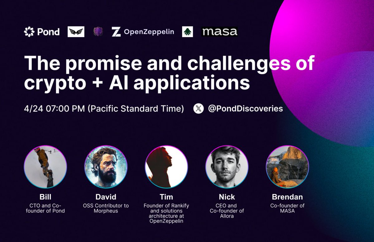 Join us for an insightful discussion on The promise and challenges of crypto + AI applications in our upcoming Twitter Space event! 🎙️ Speakers: @billshredding from @PondDiscoveries @DJohnstonEC from @MorpheusAIs @iampeersky from @rankify_it and @OpenZeppelin @nick_emmons from…
