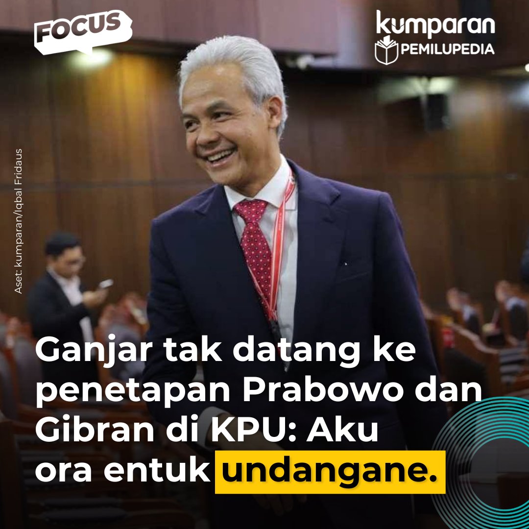 Ganjar Pranowo tak datang ke acara penetapan pasangan Prabowo Subianto-Gibran Rakabuming Raka sebagai pemenang pilpres di KPU hari ini, Rabu (24/4). #pemilupedia #focus #presidenterpilih #news #oneliner bit.ly/3Utt0mj