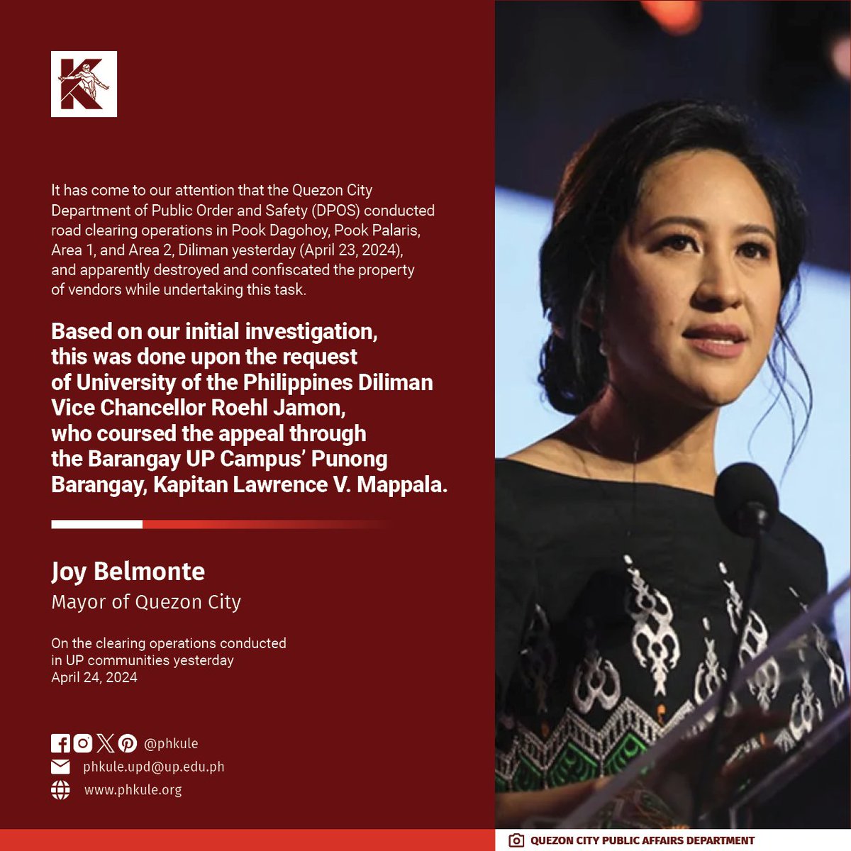 Quezon City Mayor Joy Belmote confirms that the clearing operations yesterday at UP Diliman Area 2 was requested by Vice Chancellor for Community Affairs Roehl Jamon. This, after Jamon's office yesterday claimed that it has no information about the operations.

#UPNotForSale