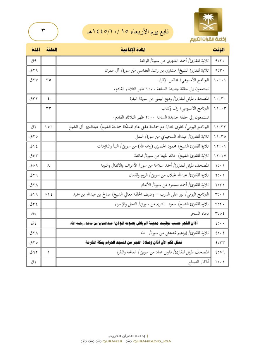 QuranRadio_ksa's tweet photo. هيكل تلاوات وبرامج
#إذاعة_القرآن_الكريم
ليوم #الأربعاء ١٤٤٥/١٠/١٥ https://t.co/u8tfjyGTi2