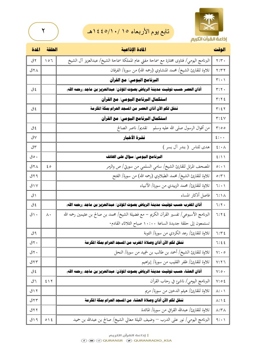 QuranRadio_ksa's tweet photo. هيكل تلاوات وبرامج
#إذاعة_القرآن_الكريم
ليوم #الأربعاء ١٤٤٥/١٠/١٥ https://t.co/u8tfjyGTi2