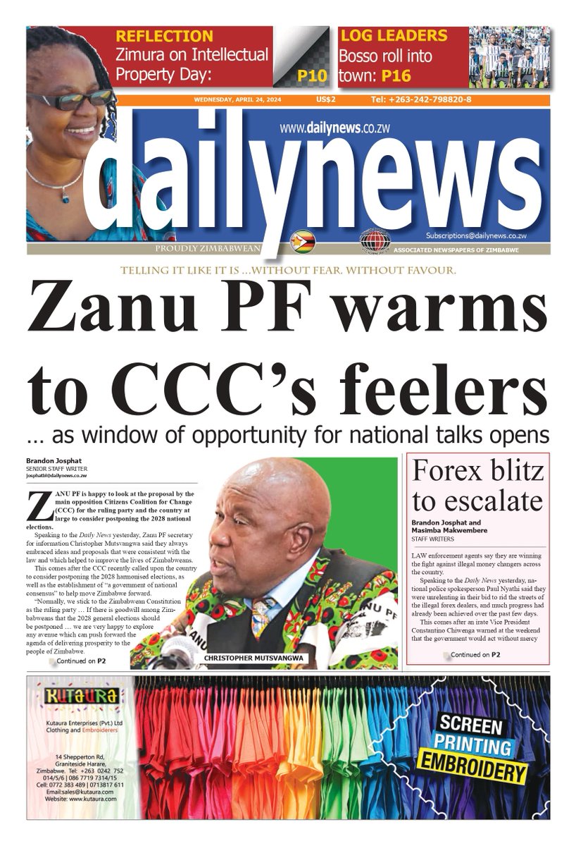 Read your Daily News e-paper - bitly.ws/3gQQC ------ TODAY'S FRONT PAGE: 24 April, 2024 #dailynewszim #news #zimbabwe #zimnews #Wednesday