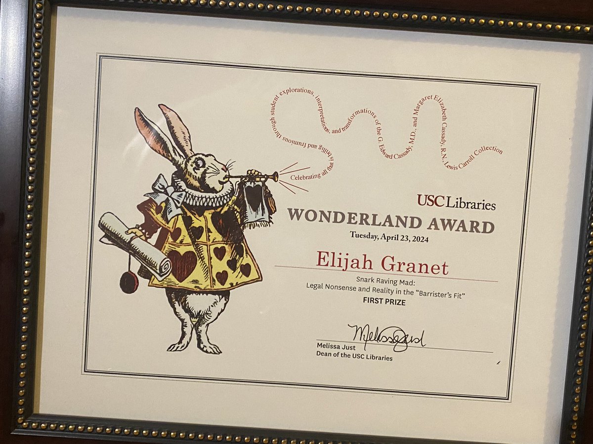 Delighted my work of legal scholarship on the legal points raised in the ‘Barrister’s Fit’ in Carroll’s Snark has won The Wonderland Award!