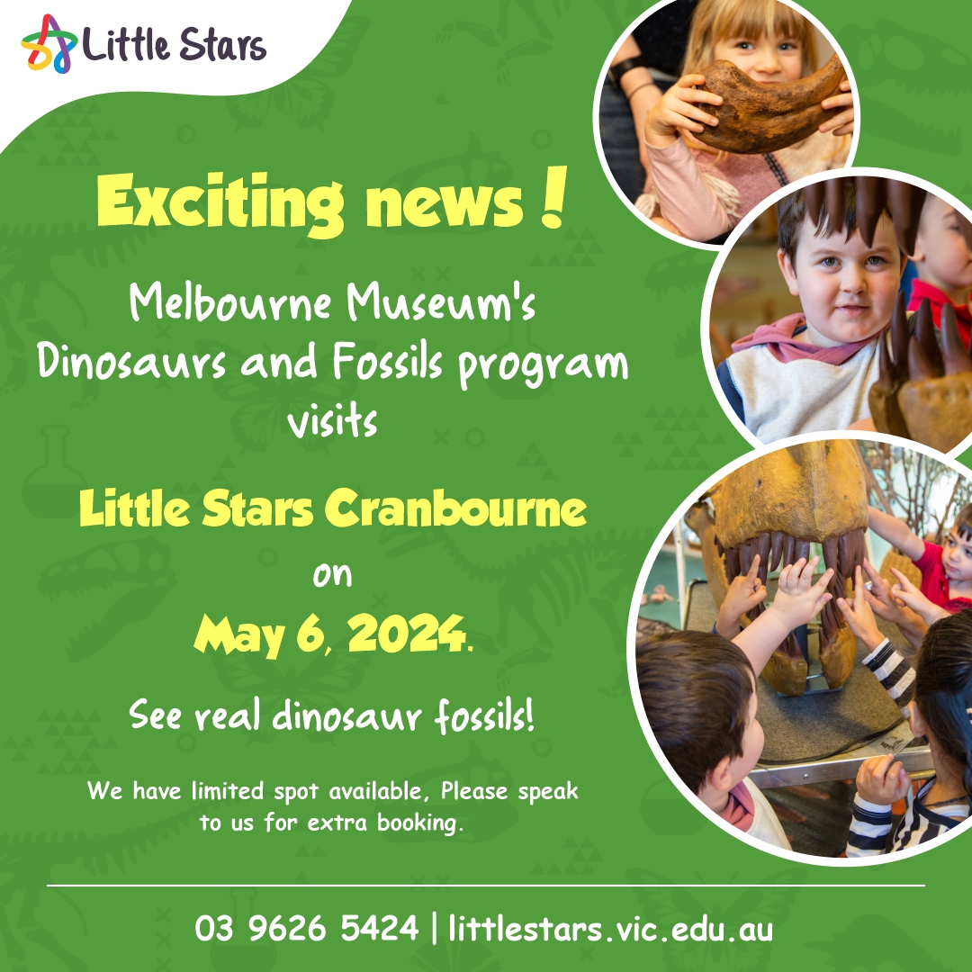 Calling all budding palaeontologists!

We’re excited to announce that Melbourne Museum will be visiting Little Stars Cranbourne on Monday, May 6, 2024, to deliver their Dinosaurs and Fossils program, bringing along dinosaur fossils from the museum!🦖