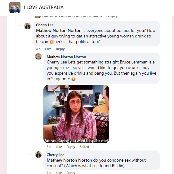 The Facebook group 'I support Bruce Lehrmann' changed it's name to 'I Love Australia' has men making rape threats. #Lehrmann