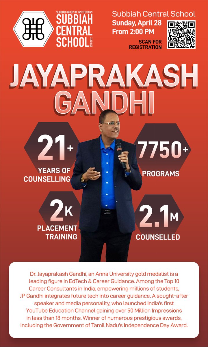 Dr JP Gandhi, a leading EdTech &amp; #Career Guidance Counsellor, empowered 2.1M+ #students. A sought-after #speaker &amp; #media #personality who leads #educational institutions will be @ <a href="/subbiahcentral1/">subbiahcentralschool</a> this #Sunday. Register: forms.gle/jgaoGQd3fuuBni…
#SubbiahCentralSchool #SCS #CBSE
