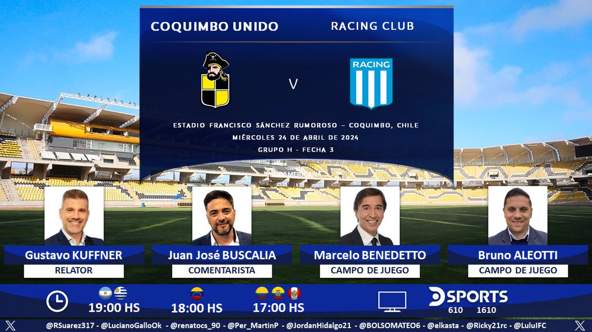 ⚽ #Sudamericana | 🇨🇱 #CoquimboUnido vs. #Racing 🇦🇷
🎙 Relator: @GustavoKuffner
🎙 Comentarista: @jbuscalia
🎙 Campo de juego: @m_benedetto y @brualeotti
📺 @DSports (610-1610) Sudamérica (❌🇨🇱)
💻📱 @DGO_Latam
🤳 #SudamericanaEnDSPORTS - #LaGranConquista
Dale RT🔃