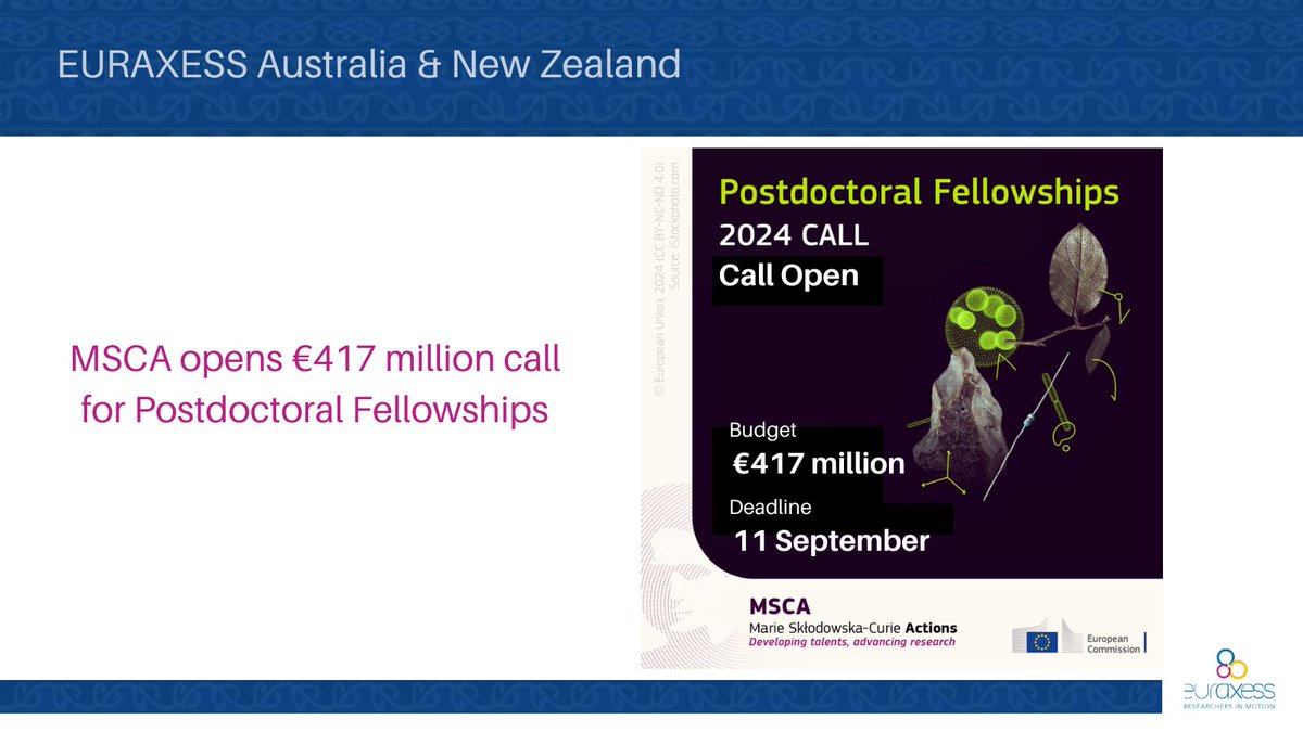 🇪🇺 🆕⚡  The #MSCA Postdoctoral Fellowships call 2024 is open now. With a budget of €417.18 million, this fellowship programme provides opportunities for researchers of any nationality & discipline to pursue a Postdoc. The call will close on 11 September 2024 and is expected…