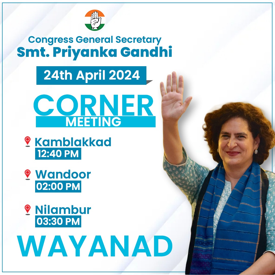 Congress General Secretary Smt. @priyankagandhi ji will address three corner meetings in Wayanad, Kerala, today.   Stay tuned to Congress social media handles for live updates.   📺 twitter.com/INCIndia 📺 facebook.com/IndianNational… 📺 youtube.com/user/indiacong…