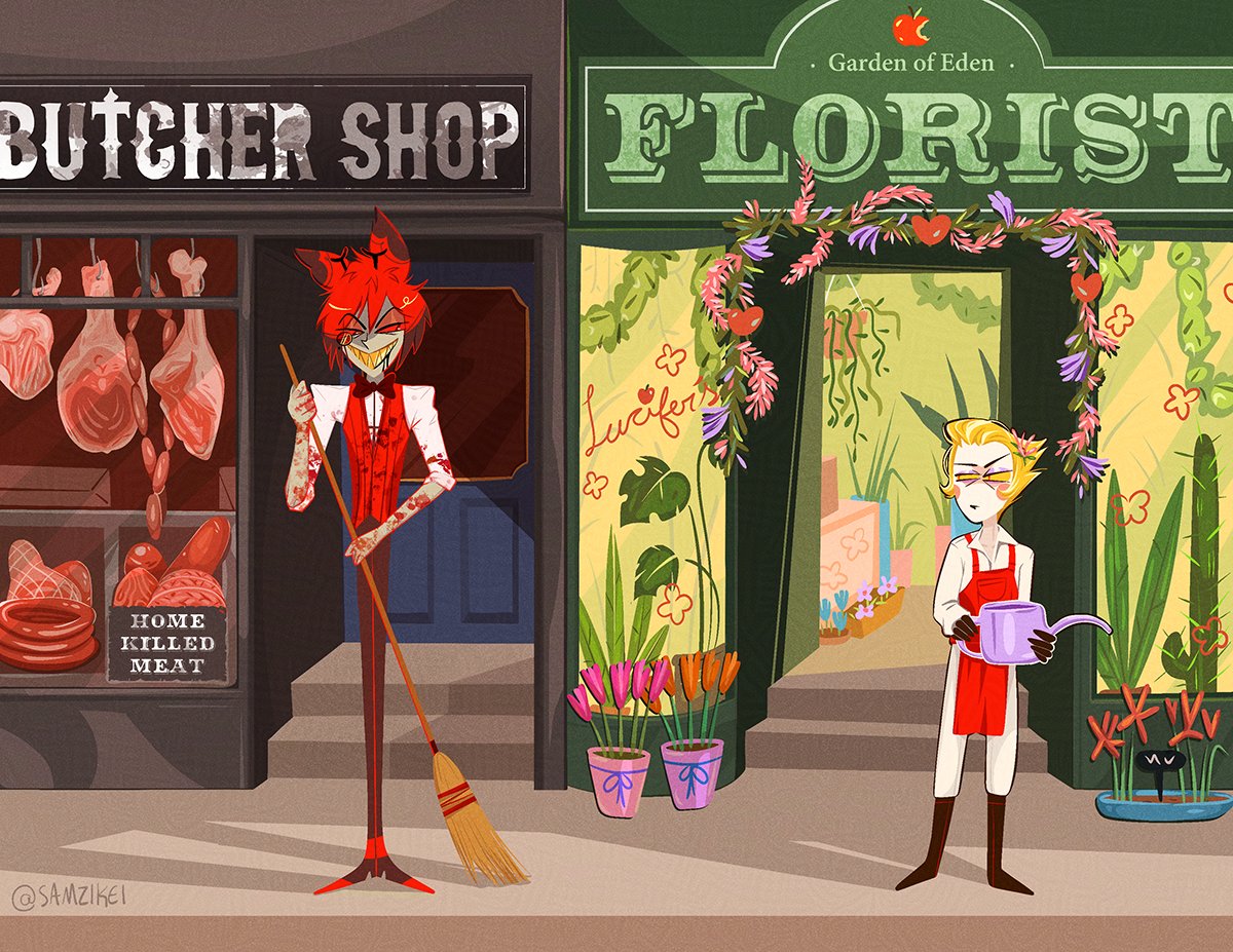 samzikei's tweet photo. Hmmm... Something about the new shopkeep next door seems sus.

#radioapple #appleradio #HazbinHotelAlastor #HazbinHotelLucifer 
(link to this print in my shop in thread) https://t.co/anf3yC6BYI