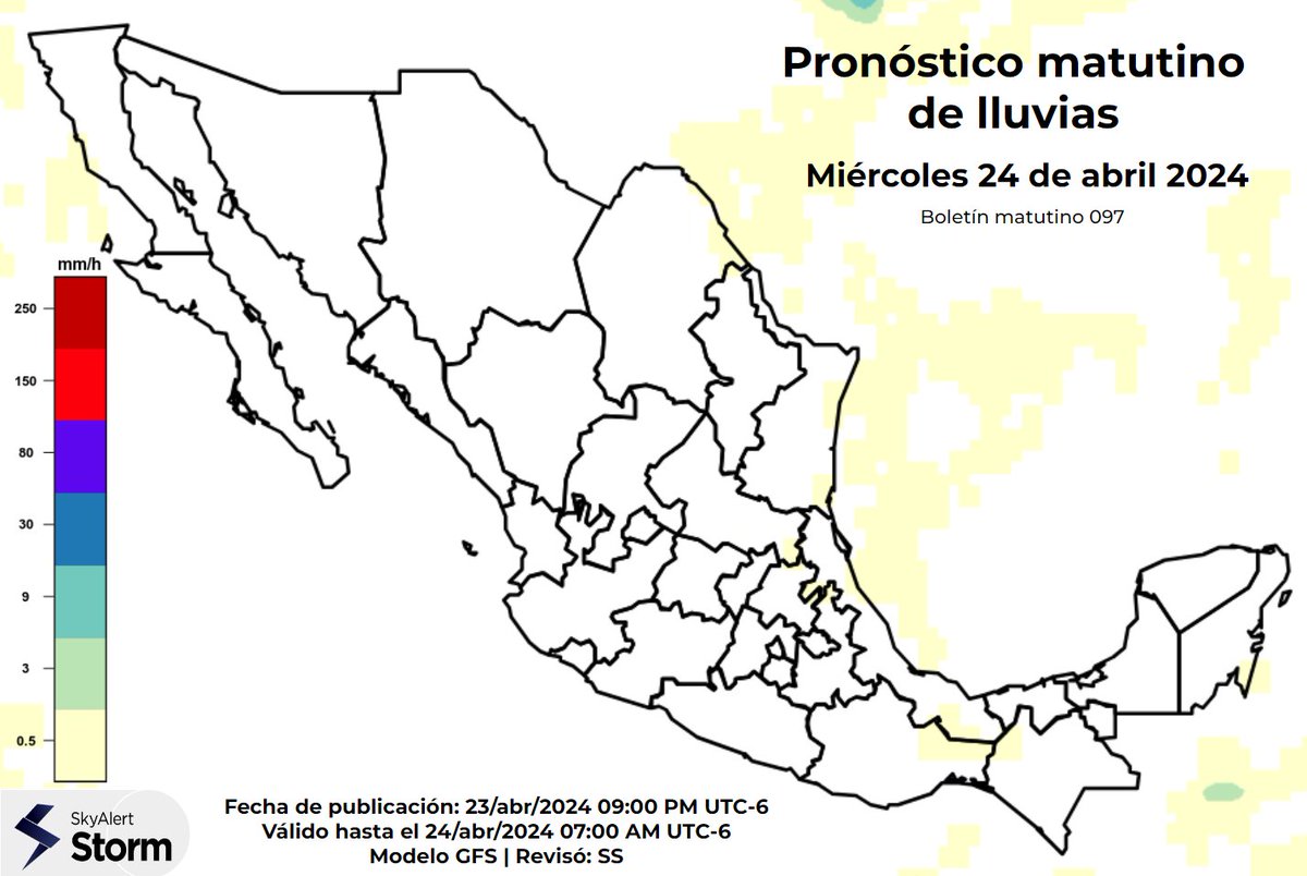 🌡️🌤️ #PronosticoDelTiempo para las primeras horas del miércoles 24 de #abril: 🌧 Las lluvias se debilitarán. 🌄 Las zonas de frescura disminuirán y se concentrarán en las zonas altas de Chihuahua y Durango así como en la península de Baja California.