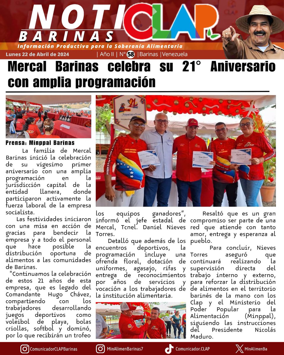 *#NotiCLAP #58 | BARINAS* 
_Mercal Barinas celebra su 21° Aniversario con amplia programación_

CLAP Barinas*

#SoberaniaAlimentaria 
#ClapProductivo
#VenezuelaEsDDHH