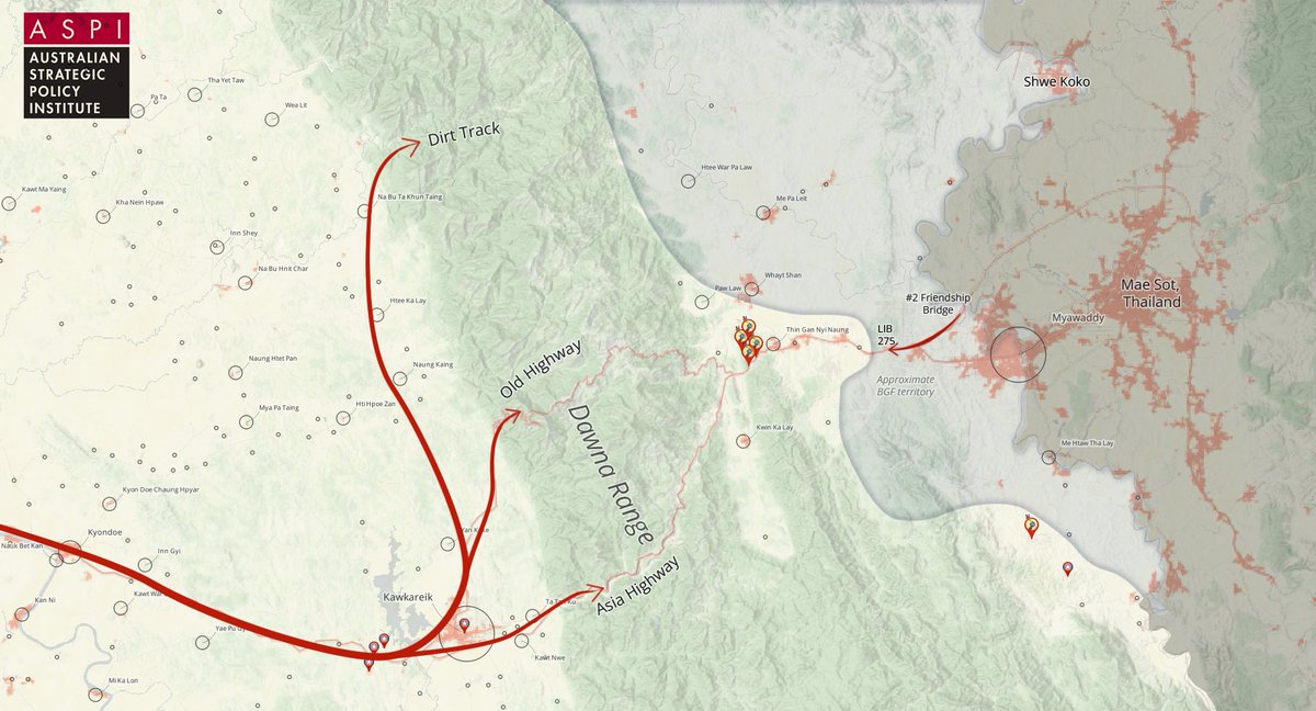 Some quick (long) notes on Myawaddy after some Junta troops launched a photo-op raising a flag at the crucial LIB-275 base near the city. tldr: no significant strategic shift, similar situation to a fortnight ago, political dynamics have changed and will need to be addressed…