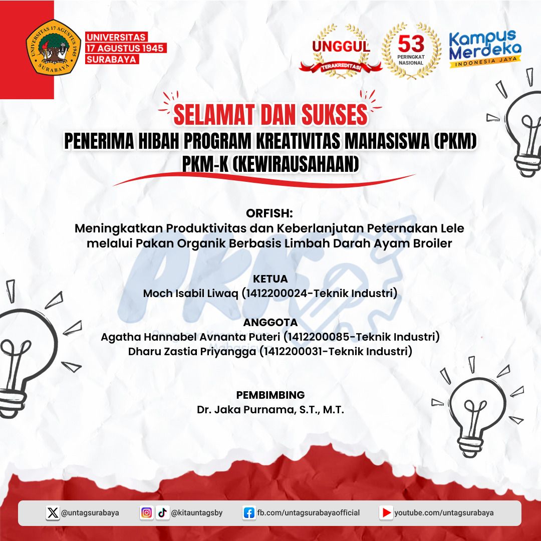 Selamat dan sukses kepada enam tim penerima hibah Program Kreativitas Mahasiswa (PKM) 2024!🏆

 #PrestasiMahasiswa
#KampusSwastaTerbaikdiJatim #KampusTerbaikdiSurabaya
#PilihanKampusSwasta #KampusAnakMuda
#PresatasiAnakBangsa
#PrestasiAkademik
#AkademikUntagSby