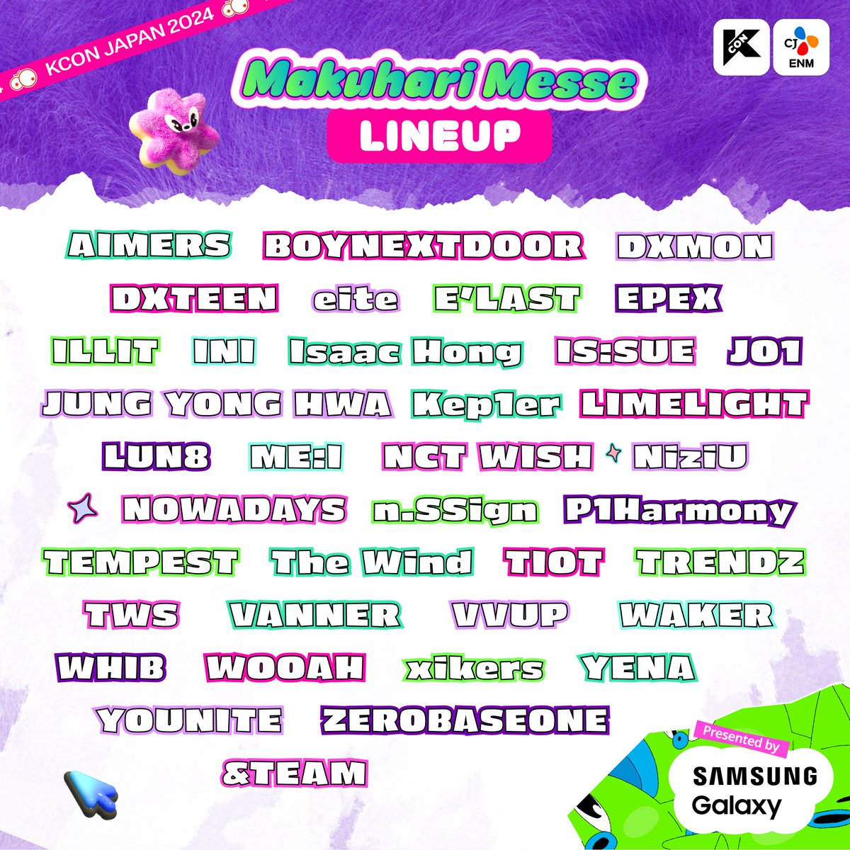 [#KCONJAPAN2024] Makuhari Messe LINEUP 📍𝗠𝗮𝗸𝘂𝗵𝗮𝗿𝗶 𝗠𝗲𝘀𝘀𝗲 #AIMERS #BOYNEXTDOOR #DXMON #DXTEEN #eite #ELAST #EPEX #ILLIT #INI #isaachong #ISSUE #JO1 #JUNGYONGHWA #CNBLUE #Kep1er #LIMELIGHT #LUN8 #ME_I #NCTWISH #NiziU #NOWADAYS #nSSign #P1Harmony #TEMPEST #THEWIND…