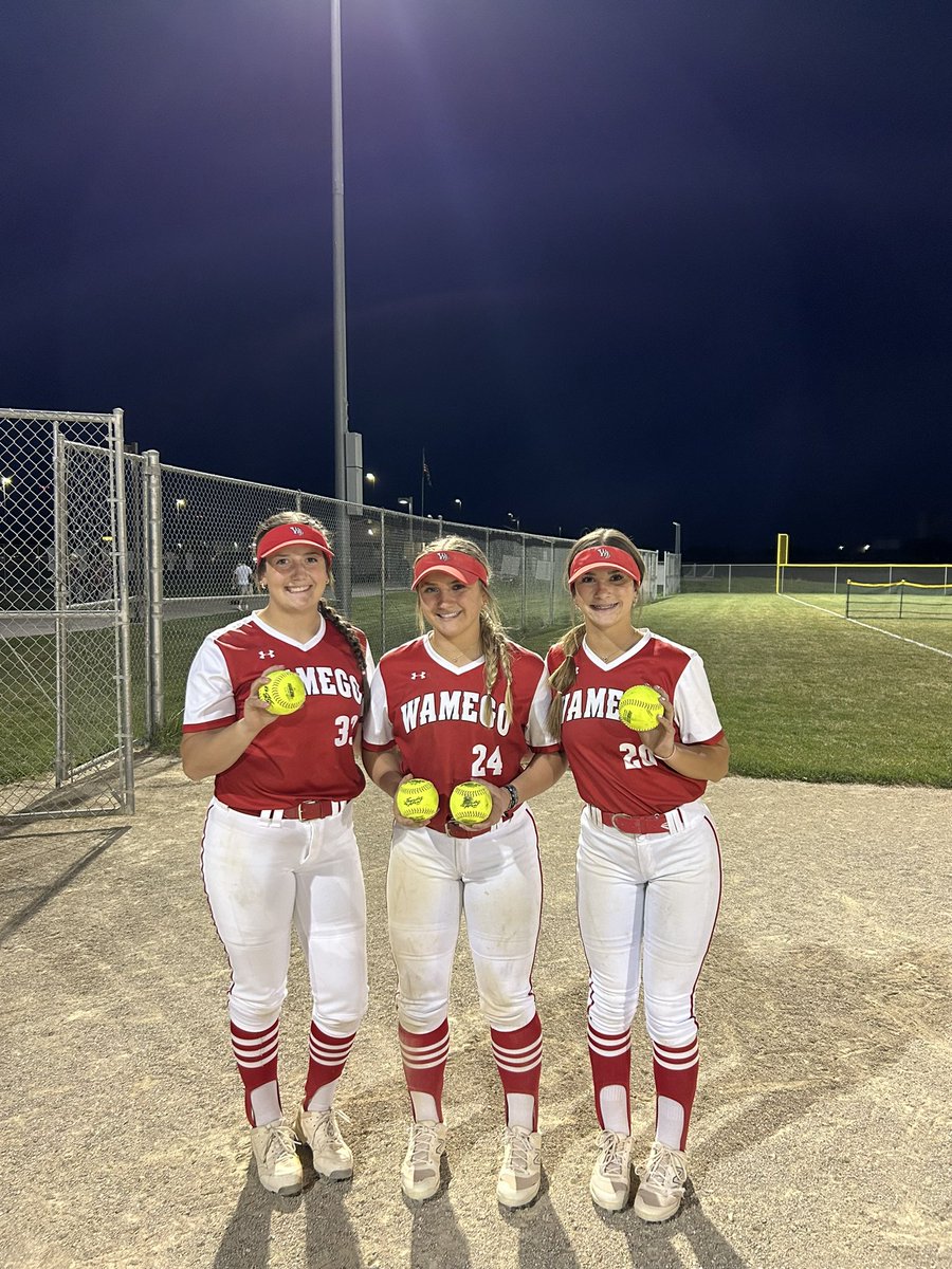 WamegoSoftball's tweet photo. The freshman strike again @alana__mccarthy hits her 6th and 7th homers of the season. @LandriAdams hits her 4th bomb and @tulsaschultz hits 2nd of the season! https://t.co/IcaXBy6xpE