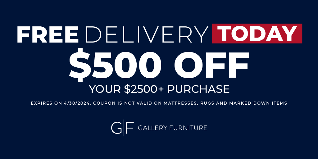 Ready to upgrade your space? Don't miss out on $500 OFF your $2500+ purchase from Gallery Furniture! Claim your coupon now at galleryfurniture.biz/3U2DY0q and enjoy FREE same day delivery! Offer ends Tuesday, April 30th at 10PM CST! *Exclusions apply