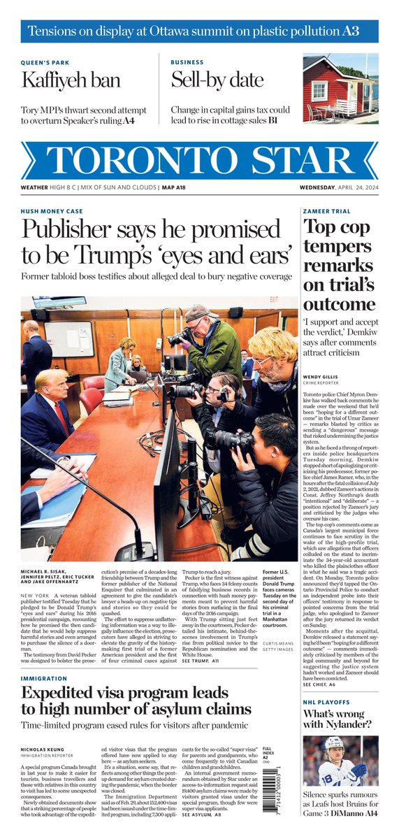 On Wednesday’s @TorontoStar A1: Police Chief Myron Demkiw walks back comments about the verdict in Umar Zameer’s trial: @wendygillis reports. Plus: @nkeung on visitor visas and asylum claims. And the former publisher of the National Enquirer testifies at Donald Trump’s trial.