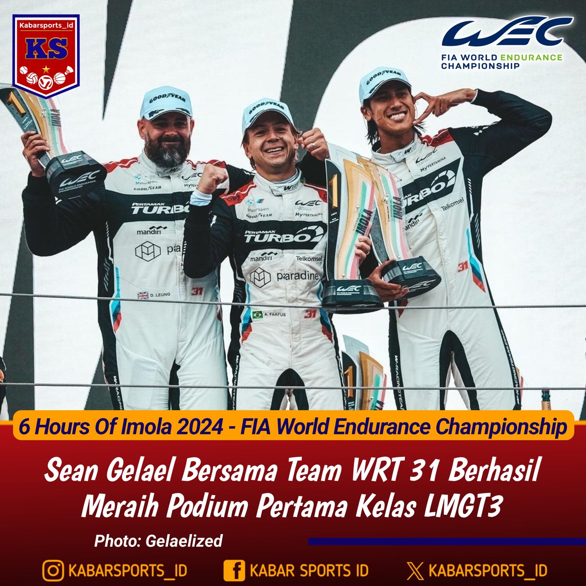 6 Hours Of Imola 2024 - FIA World Endurance Championship

Pembalap Indonesia, Sean Gelael yang memperkuat Team WRT 31 bersama dengan Darren Leung (Inggris) dan Augusto Farfus (Brasil) berhasil meraih podium pertama kelas LMGT3

Congrats! 

#6HoursOfImola #FIAWEC #WEC2024 #Racing