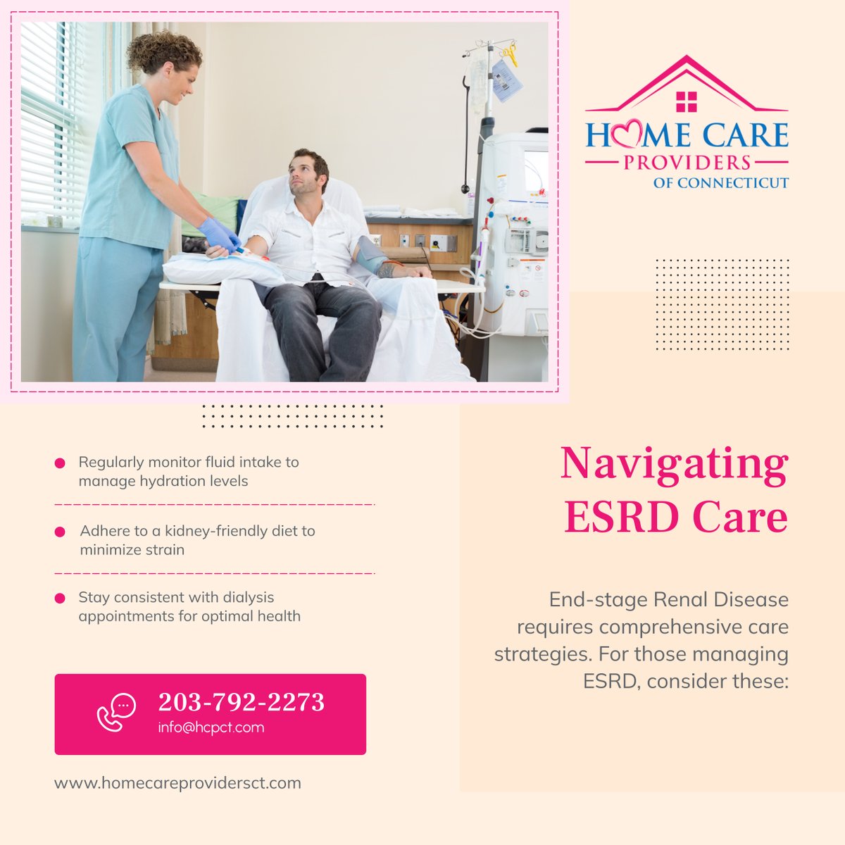 Managing ESRD at home demands attention to detail and routine. By focusing on hydration, diet, and treatment adherence, you can significantly improve your quality of life. 

#BethelCT #HomeCare #ESRDCare #KidneyHealth #DialysisSupport