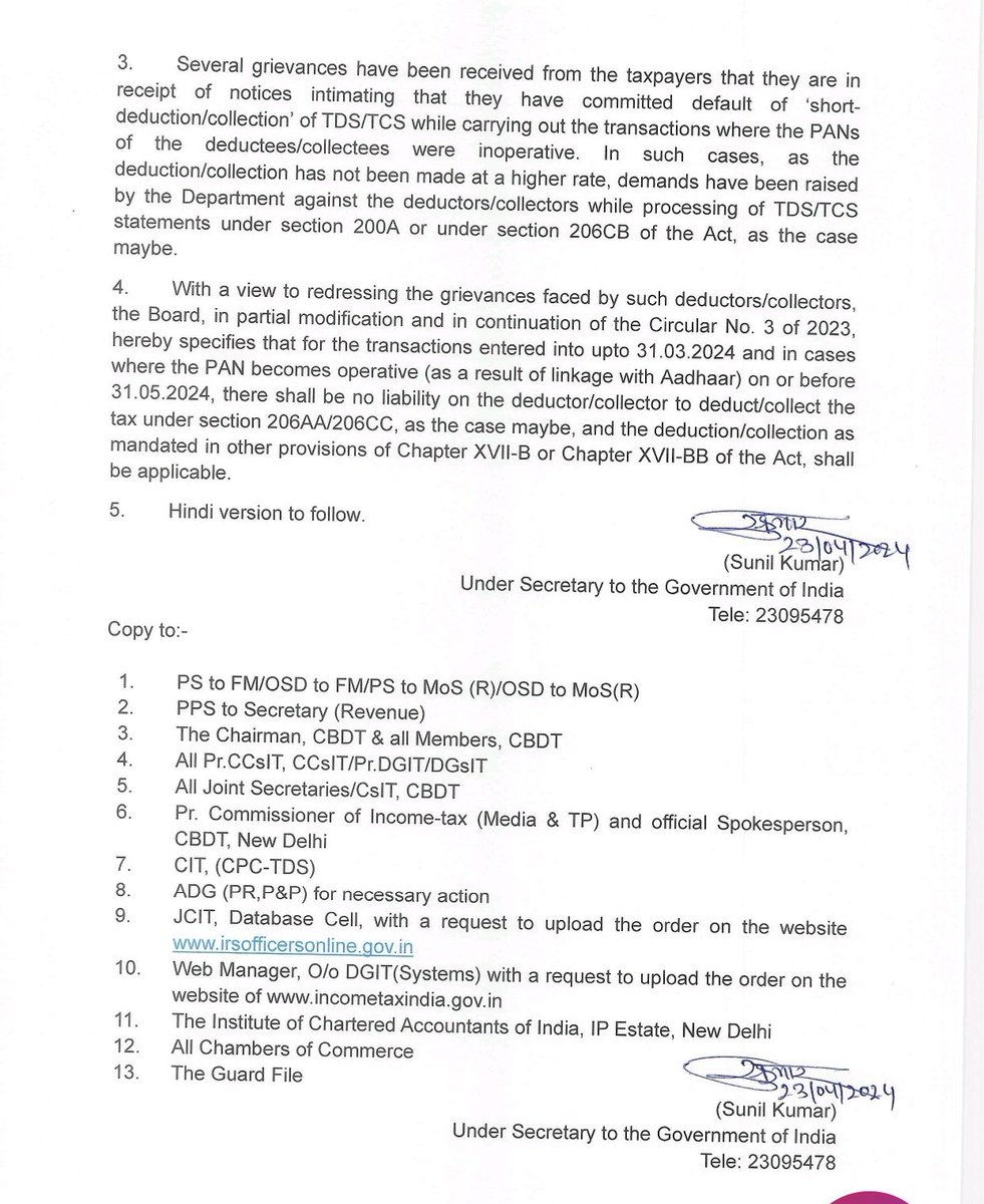 BREAKING: CBDT CIRCULAR: The CBDT with a view to redressing the grievances faced by deductors/collectors who have collected TDS/TCS at normal rate but was required to deduct /collect at double the rate on account of PAN of the deductee being inoperative due to non linkage of such…