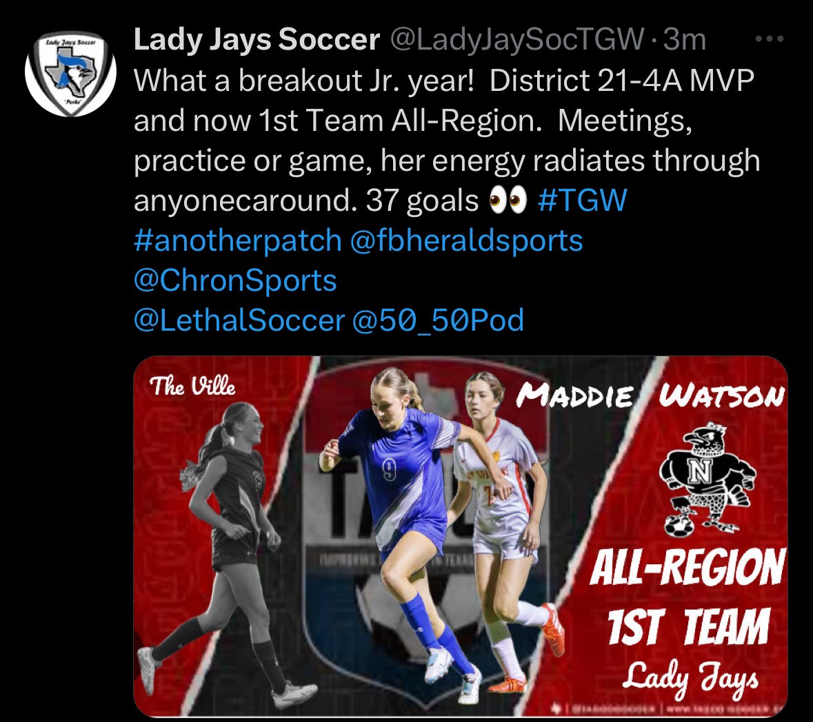 maddie watson (@maddie_wats0n) on Twitter photo I’m so incredibly blessed to be receiving this All Region 1st team award AFTER being awarded MVP of the district! #toughgirlswin @LadyJaySocTGW <a href="/LSUSoccer/">LSU Soccer</a> <a href="/texas_of/">UniversityOfTexasSA</a> <a href="/AggieSoccer/">Texas A&M Soccer</a> <a href="/TexasSoccer/">Texas Soccer</a> <a href="/TCUSoccer/">TCU Soccer</a> <a href="/MaxPrepsTX/">Texas MaxPreps</a> <a href="/HoustonChron/">Houston Chronicle</a> <a href="/fbheraldsports/">Fort Bend Herald sports</a> I’m so incredibly blessed to be receiving this All Region 1st team award AFTER being awarded MVP of the district! #toughgirlswin @LadyJaySocTGW <a href="/LSUSoccer/">LSU Soccer</a> <a href="/texas_of/">UniversityOfTexasSA</a> <a href="/AggieSoccer/">Texas A&M Soccer</a> <a href="/TexasSoccer/">Texas Soccer</a> <a href="/TCUSoccer/">TCU Soccer</a> <a href="/MaxPrepsTX/">Texas MaxPreps</a> <a href="/HoustonChron/">Houston Chronicle</a> <a href="/fbheraldsports/">Fort Bend Herald sports</a>