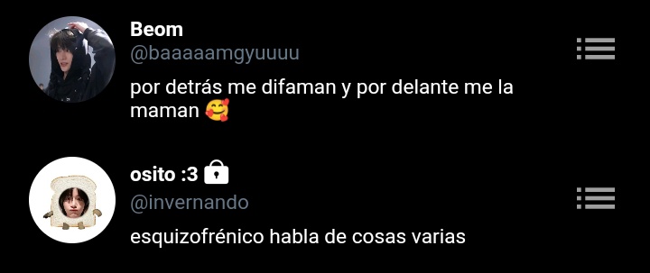 ⭒̼ Bg

—20 años
—Pausó su carrera (arquitectura), está en su año sabático
—El último admin en unirse al cc
—Está en un curso de repostería (ahí conoció a Th)
—Encargado de sacar el horóscopo 

Emoji representativo 🦜