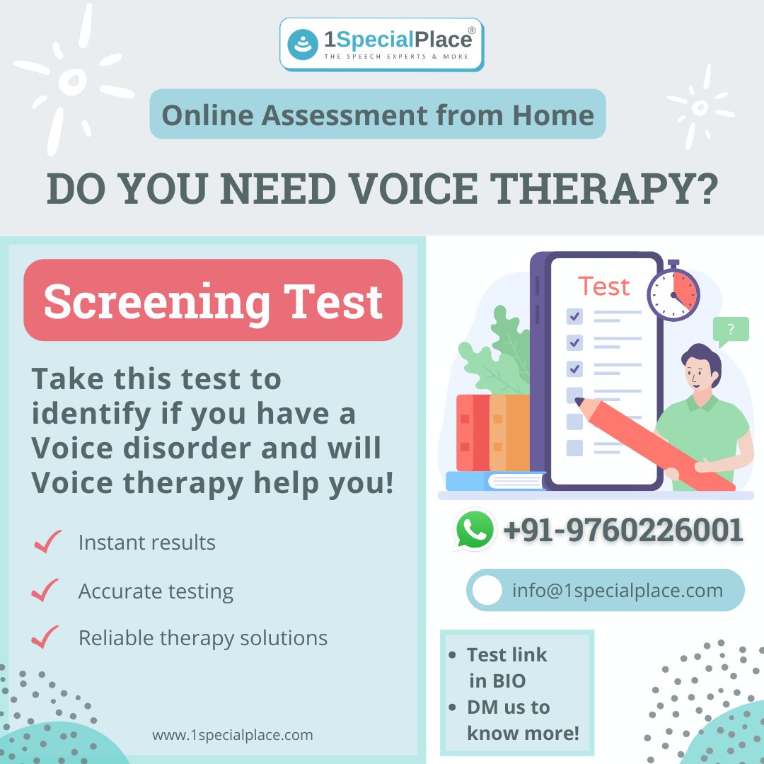 🎤 Ready to find out if a voice disorder is holding you back? Take our online screening test today! 

#VoiceDisorder #VoiceTherapy #OnlineTest #FindYourVoice #1SpecialPlace