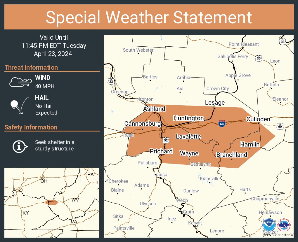 A special weather statement has been issued for Huntington WV, Ashland KY and Westwood KY until 11:45 PM EDT