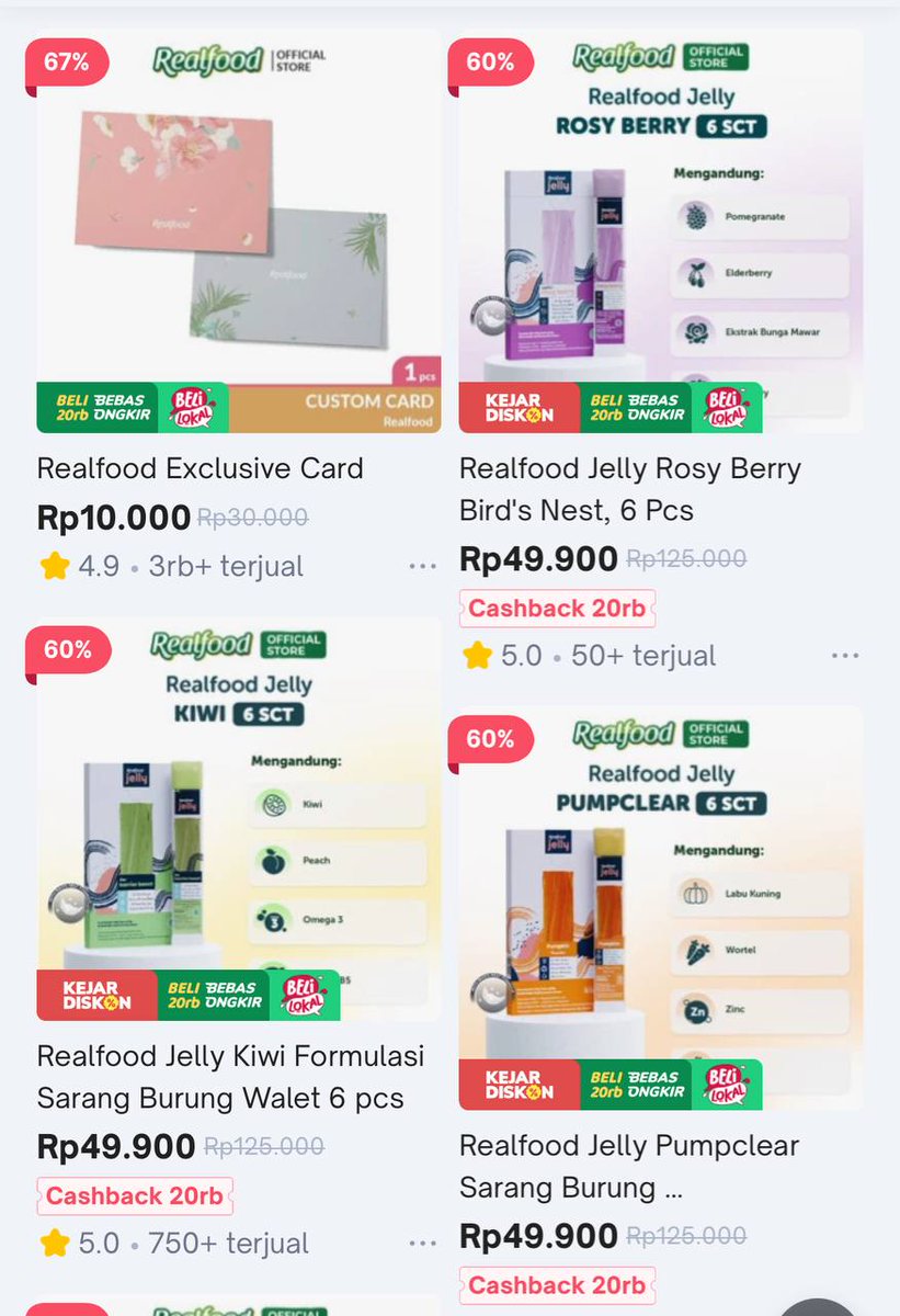 *[ TOKOPEDIA ]*
Realfood Jelly Rosy Berry Bird's Nest 
6 Pcs
racun.in/g07d1;
Realfood Jelly Kiwi Formulasi Sarang Burung Walet 6 pcs
racun.in/tU7d1;
Realfood Jelly Pumpclear Sarang Burung Walet 
Pumpkin Honey 
6 pcs
racun.in/qw7d2