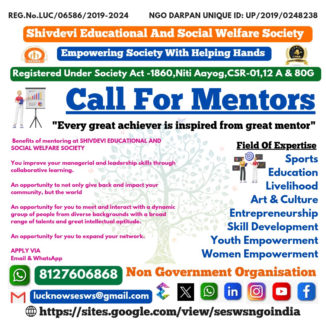 📣 Call For Mentors 📣

'Every great achiever is inspired by a great mentor'

📄APPLY VIA WhatsApp & Email - 

📱8127606868
📧lucknowsesws@gmail.com

🟣Non Government Organisation 🟣

#Sesws #SeswsNgoIndia
 #SDGs #mentor #Mentorship #mentoringmatters #ngo #lucknow @ShivdeviESWS