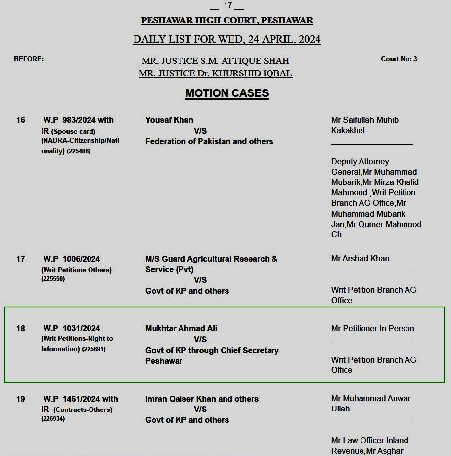 mqur2001's tweet photo. I am at the #Peshawar High Court with the prayer before 02 Hon’ble judges to direct the #KP Govt to immediately appoint Info Commissioners against 02 posts lying vacant since Nov. 18, 2019 &amp; July 14, 2022. Commission currently lacks quorum &amp; hence can’t decide complaints. #RTI https://t.co/ouJAXhMEV6