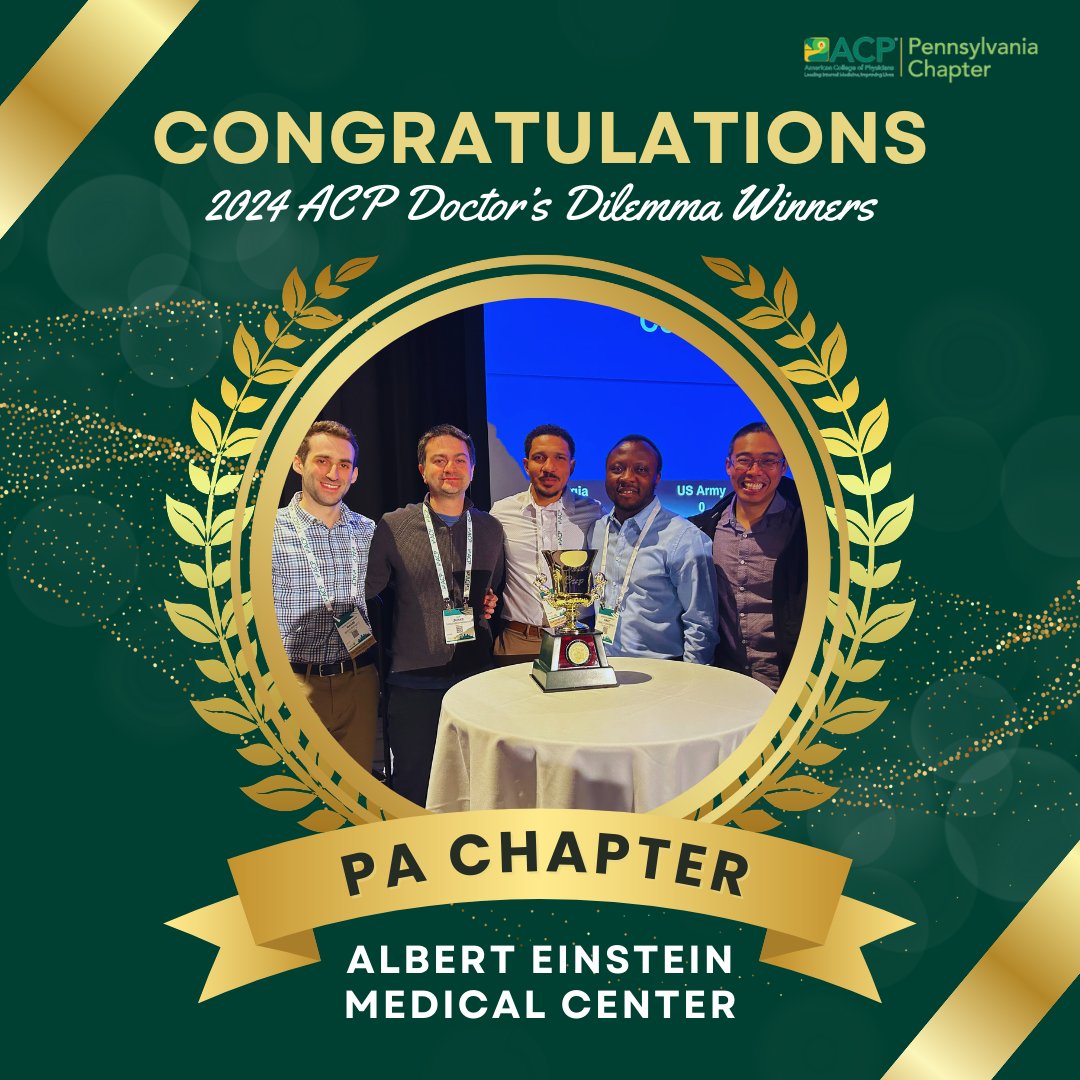 Congratulations to the PA-ACP team from Albert Einstein Medical Center for clinching victory in the 2024 ACP National Doctor's Dilemma Competition! Kudos to Maxim Barnett (Team Captain), Isaac Ogunmola, and Jordan Carty for their outstanding performance! #IMProud
