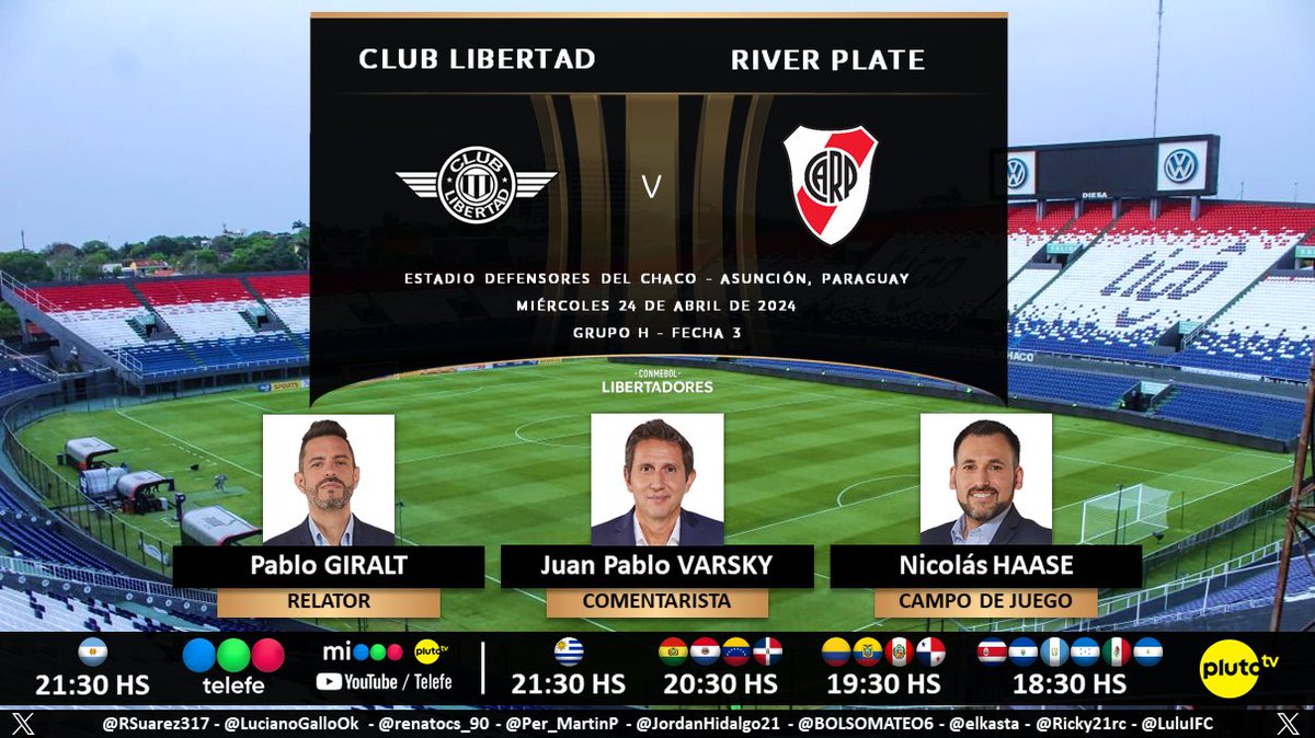 ⚽ #Libertadores | 🇵🇾 #Libertad vs. #River 🇦🇷 🎙 Relator: @giraltpablo 🎙 Comentarista: @JPVarsky 🎙️ Campo de juego: @haasenico 📺 @telefe 🇦🇷 💻📱 #MiTelefe y #YouTube de Telefe 🇦🇷 💻📱 #PlutoTV Latinoamérica (❌🇨🇱) 🤳 #LibertadoresEnPlutoTV - #LibertadoresEnTelefe Dale RT 🔃